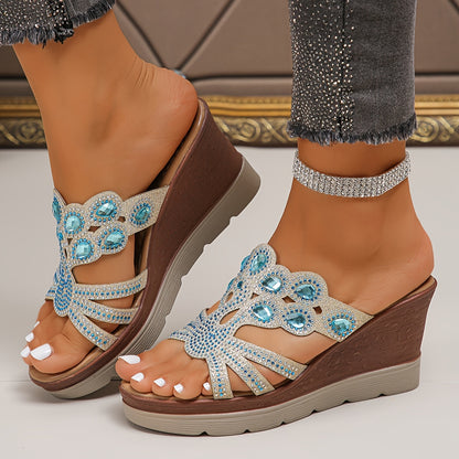 Women's Rhinestone Decor Wedge Sandals, Casual Cutout Design Platform Sandals, Comfortable Summer Shoes