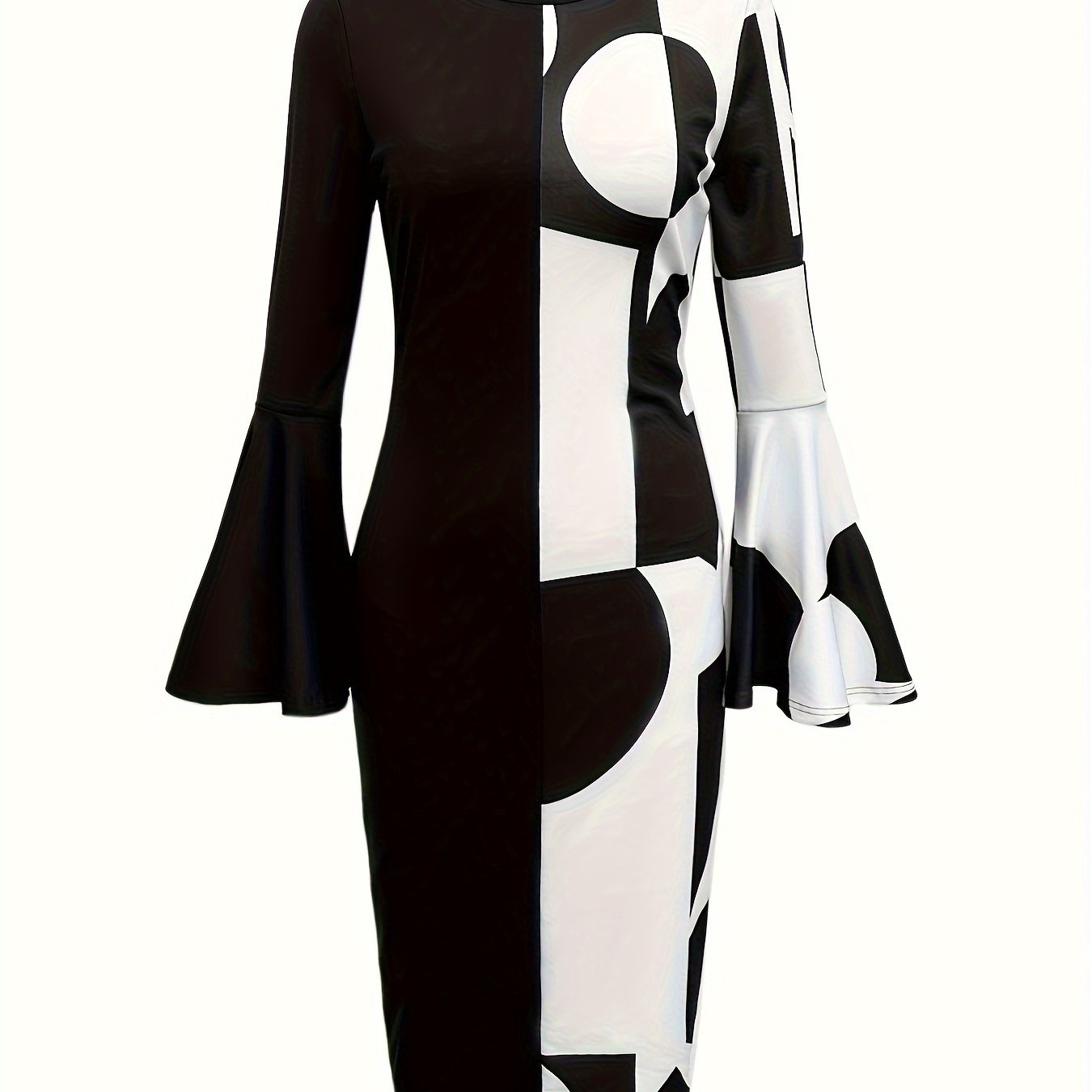 [Geo Print Bodycon Dress] Elegant Geo Print Flared Sleeve Dress - Crew Neck Bodycon Dress for Spring & Fall - Women's Clothing
