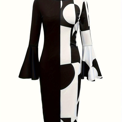 [Geo Print Bodycon Dress] Elegant Geo Print Flared Sleeve Dress - Crew Neck Bodycon Dress for Spring & Fall - Women's Clothing