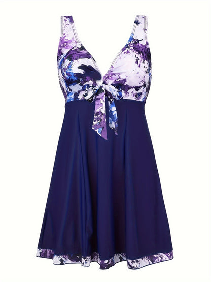 Plus Size Womens Vibrant Floral Print Tie Front V Neck One Piece Swimsuit - High Stretch, Comfortable, Vacation Essential - Polyester Knit Fabric, Random Printing, No Sheer