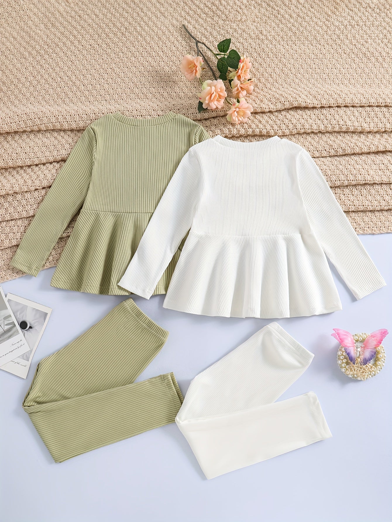 2 Sets Girl's Ribbed Outfit, Peplum Top & Pants Set, Casual Toddler Kid's Clothes For Spring Fall