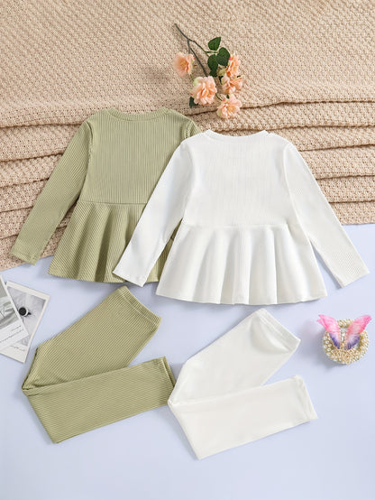 2 Sets Girl's Ribbed Outfit, Peplum Top & Pants Set, Casual Toddler Kid's Clothes For Spring Fall