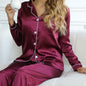 Solid Pajama Set, Long Sleeve Button Up Lapel Top & Pants Pj Set, Women's Sleepwear & Loungewear