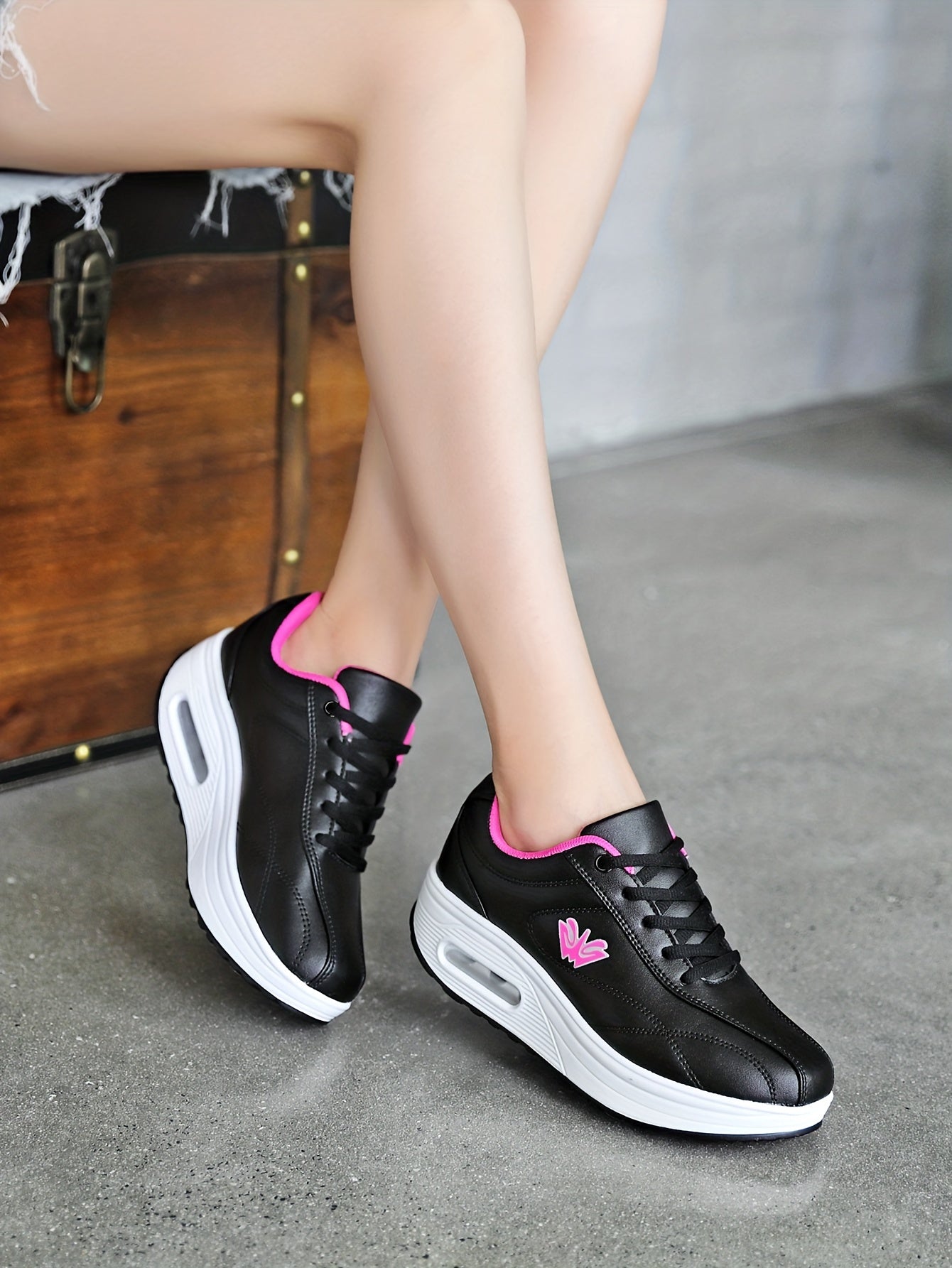 Women's Faux Leather Air Cushion Sneakers, Comfortable Thick Bottom Sport Shoes