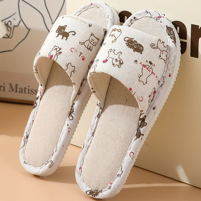 Adorable Cartoon Cat Print Flat Slippers - Slip-On Open-Toe Non-Slip Lightweight Casual Slides Shoes for Home Comfort - Comfy, Breathable, and Soft Cartoon Character Design