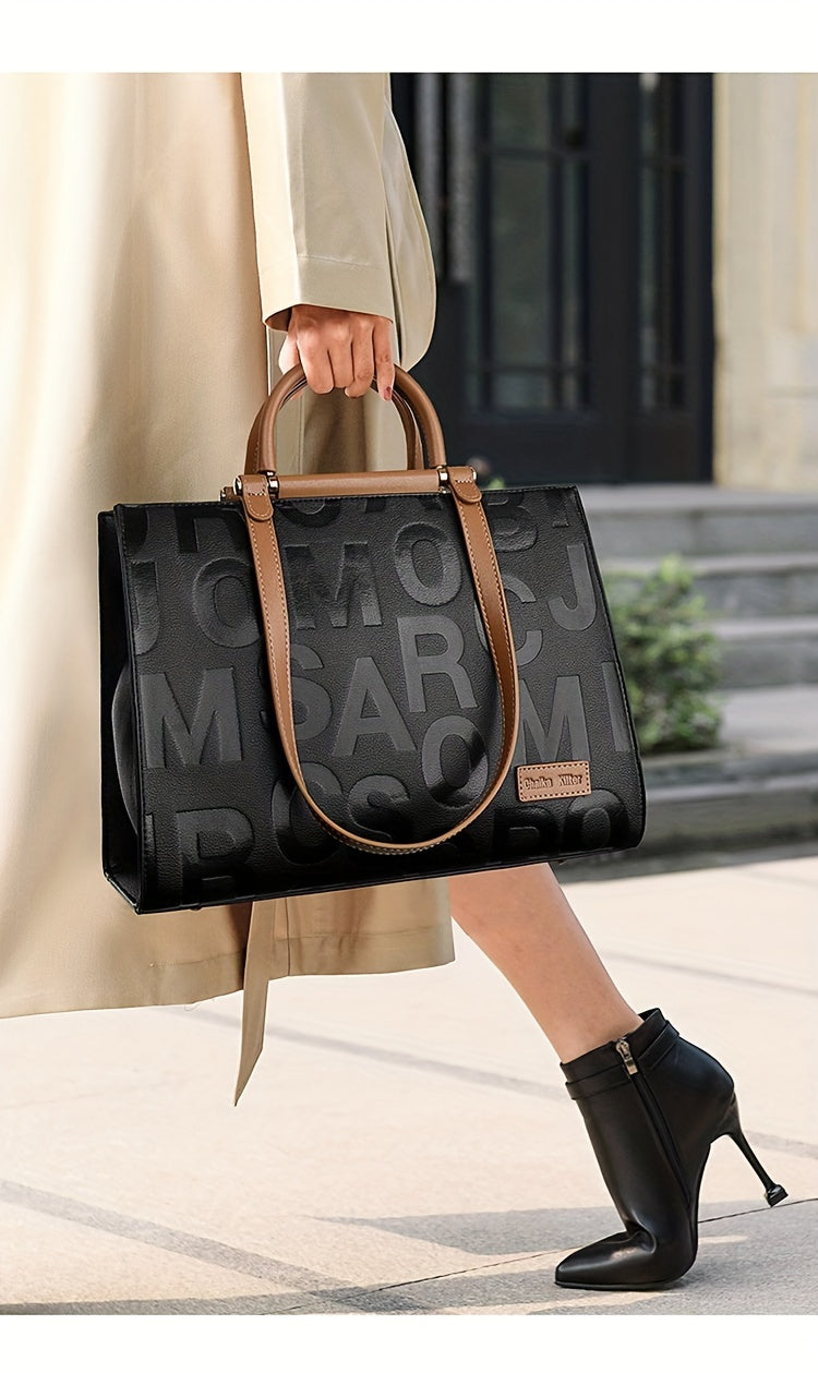 Classic Letter Embossed Tote Bag, Colorblock Shoulder Bag, All-Match Satchel Bag For Work