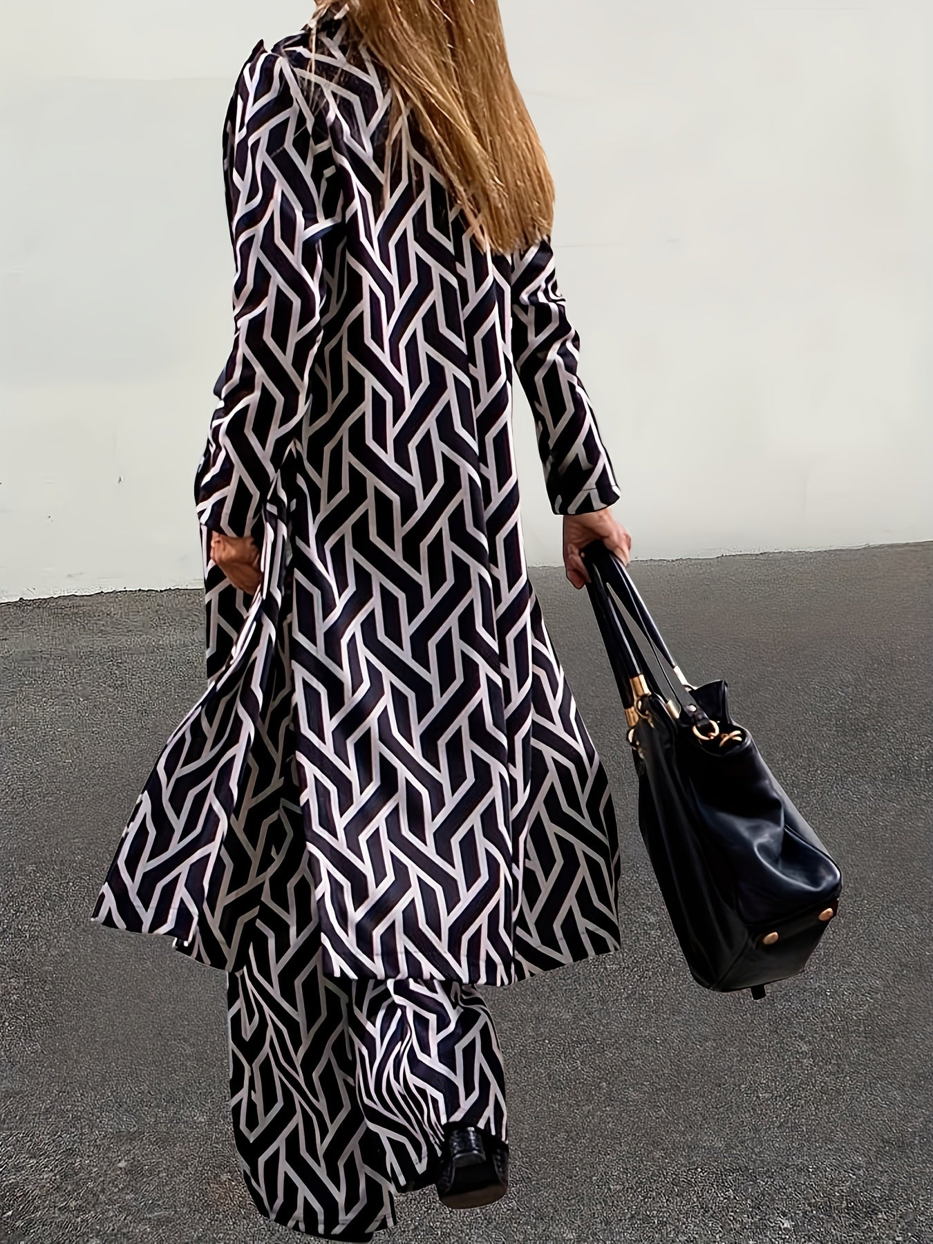 2pcs Women's Elegant V-Neck Suit - Geometric Pattern, Smooth 120g/m² Polyester Fabric - Casual Essentials | Machine Wash, No Dry Clean | Side Stripe Details