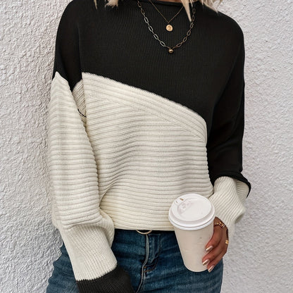 Color Block Loose Pullover Sweater, Elegant Long Sleeve Drop Shoulder Sweater, Women's Clothing
