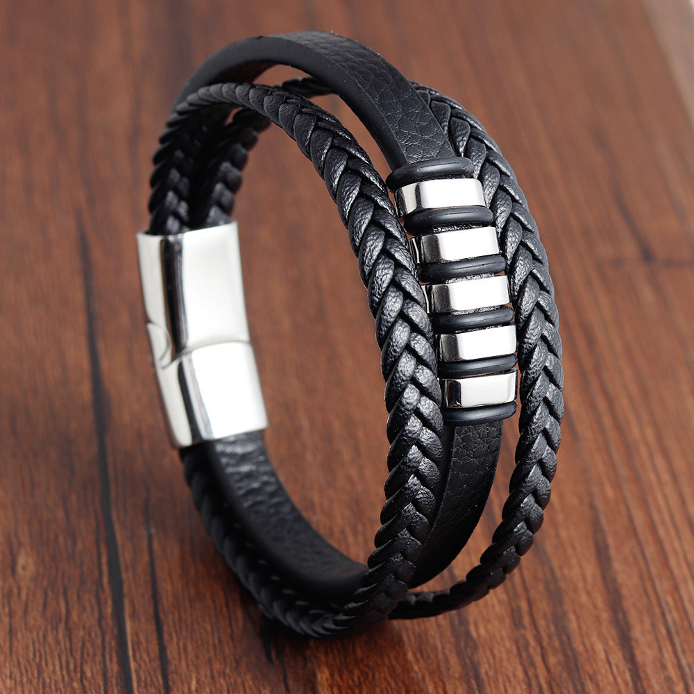 Men's Magnetic Clasp Faux Leather Woven Multilayer Bracelet - Golden-Tone Accents, Minimalist Modern Design for Casual & Formal Wear