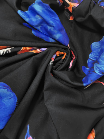 Plus Size Elegant Skirt, Women's Plus Floral Print Elastic High Rise Slight Stretch A-line Maxi Skirt