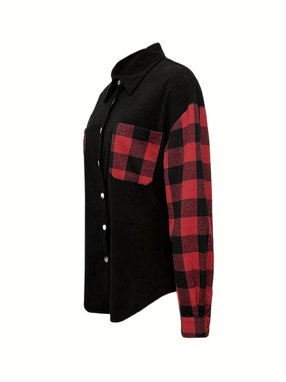 Plaid Print Splicing Shirt, Casual Button Front Long Sleeve Shirt, Women's Clothing