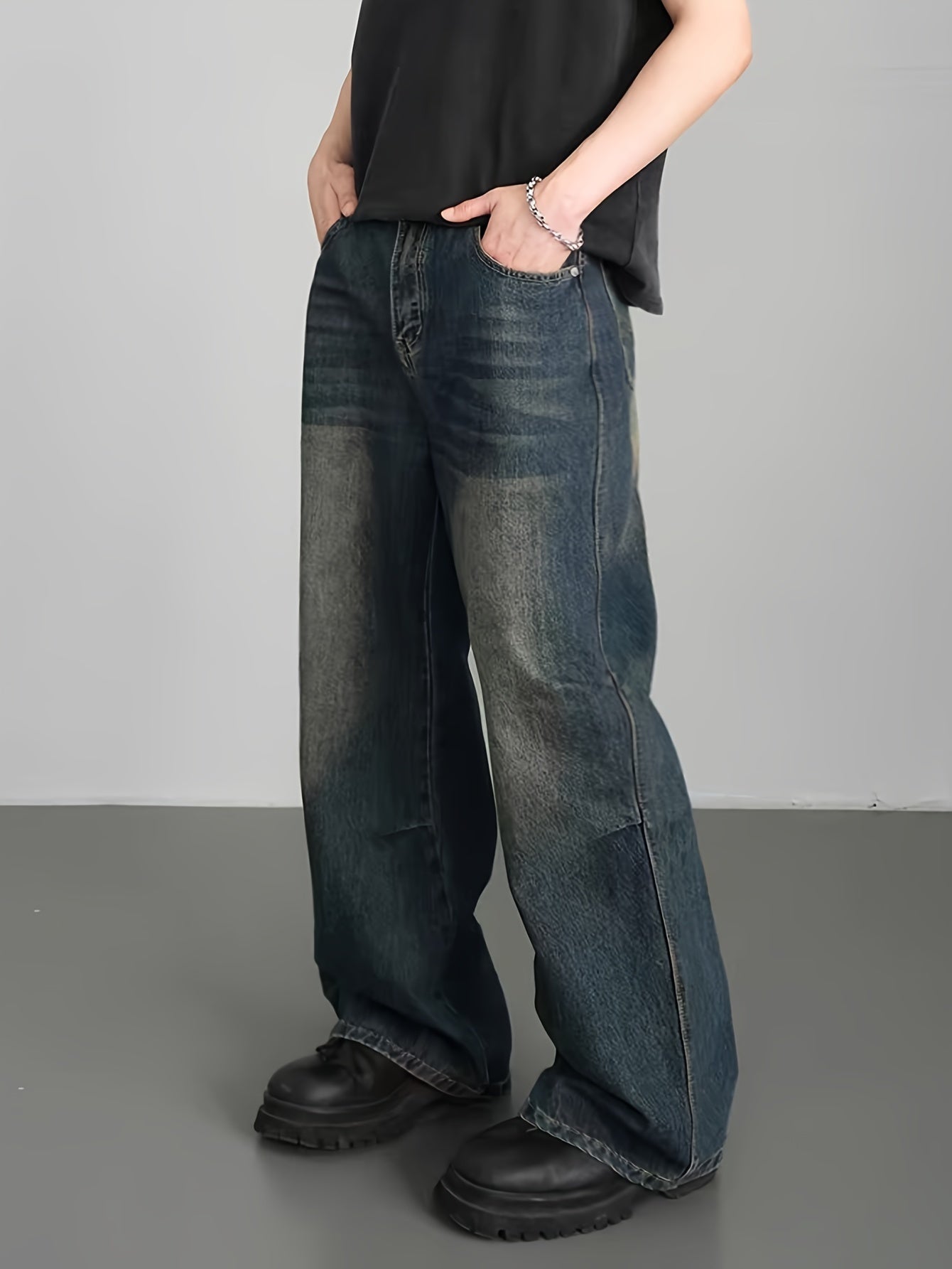 Men's Casual Wide Leg Jeans, Street Style Loose Fit Distressed Denim Pants