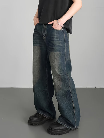 Men's Casual Wide Leg Jeans, Street Style Loose Fit Distressed Denim Pants