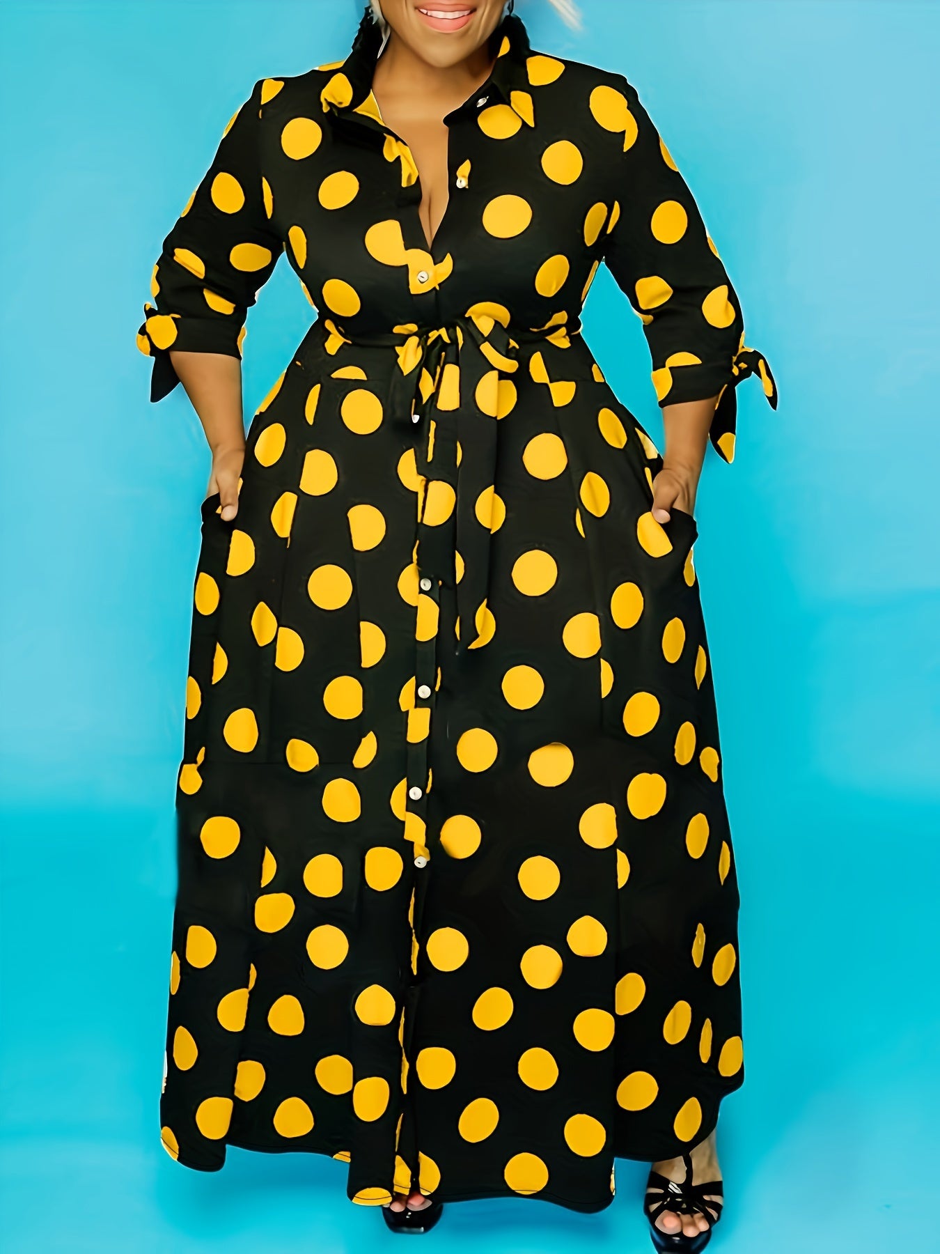 Elegant Plus Size Polka Dots Print Maxi Dress - Women's Button Up Collared Belted