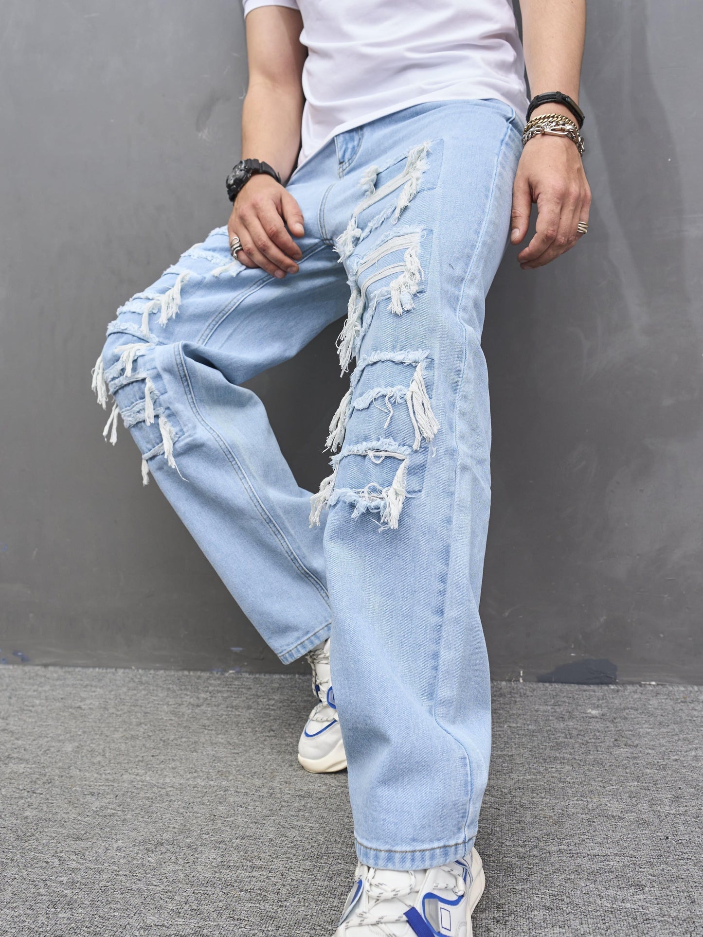 Men's Straight Leg Jeans, Casual Street Style Raw Trim Denim Pants With Pockets