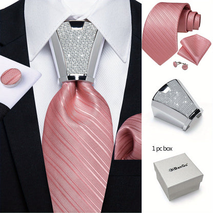[For Business Silvery Necktie Set] Men's Necktie Silvery Ring & Handkerchief & Cufflinks Set For Business Accessories With Gift Box