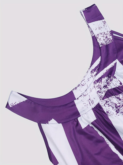 Plus Size Round Neck Colorblock Curved Hem Casual Tank Top