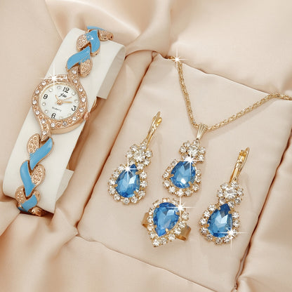 Elegant Rhinestone Quartz Women's Watch & Chic 4pc Jewelry Set - Shock-Resistant, Japanese Movement, Perfect Gift
