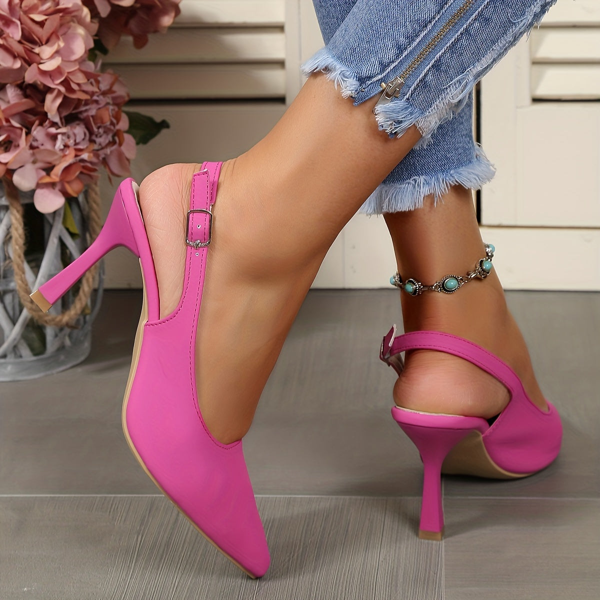 Women's Slingback High Heels, Solid Color Pointed Toe Buckle Strap Stilettos, Party & Dress Summer Shoes for Koningsdag/King's Day