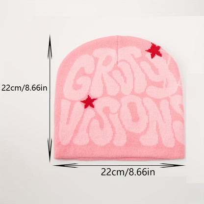 1pc Men's Funky "GRU VISION" Spider Web Knit Beanie - 100% Acrylic, Trendy Letter & Star Design in Multiple Colors, Soft & Stretchy Fabric for Casual Attire