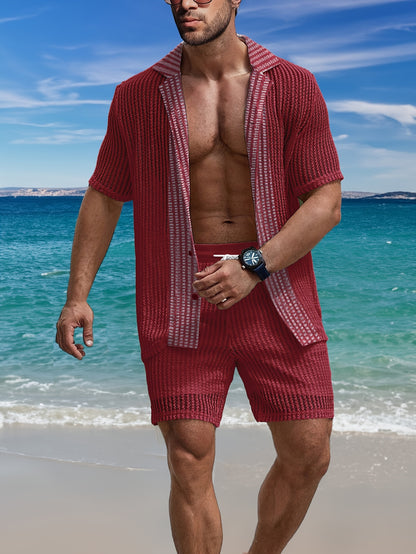 2Pcs Men's Co-ord Set - Breathable Hollow Out Short Sleeve Shirt and Drawstring Shorts for Summer - Daily Leisure, Vacation, Resorts, and Outdoor Activities