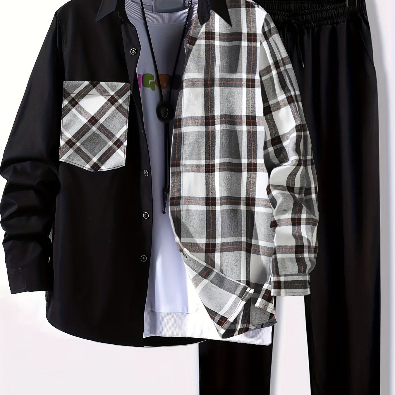 Plus Size Men's Plaid Shirt & Pants Set For Spring/autumn, Oversized Loose Fit 2Pcs Outfits For Workout/outdoor, Men's Clothing