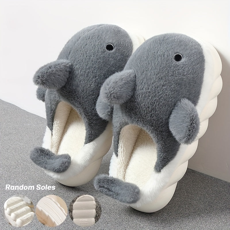 Men's Casual Cute Shark Design Slippers, Non-slip Warm Plus Fleece Home Shoes for Autumn And Winter, Thick Sole, Plush, Couple, ASIFN