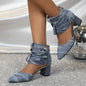 Women's Solid Color Denim Shoes, Point Toe Back Zipper Chunky Heel Casual Shoes, Trendy Daily Comfy Shoes