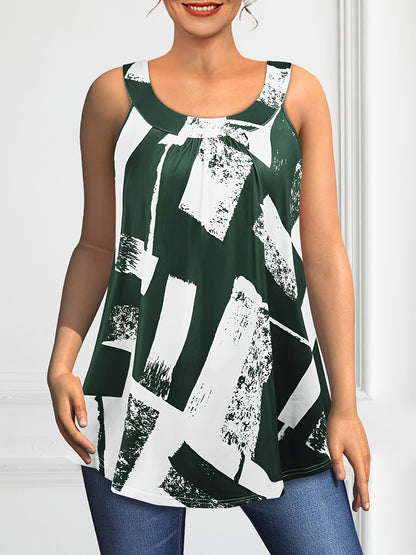 Plus Size Round Neck Colorblock Curved Hem Casual Tank Top