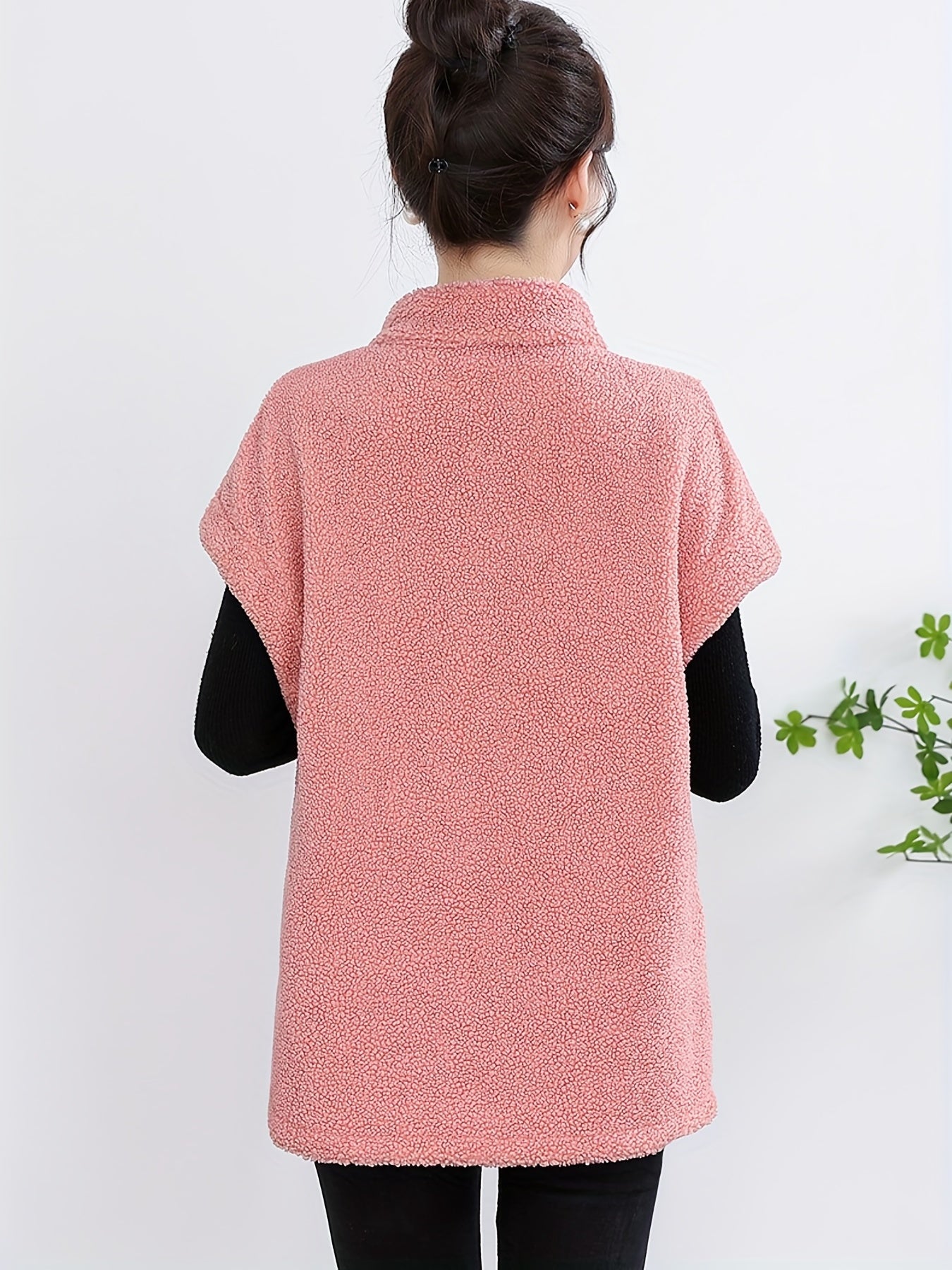 Womens Chic Button Front Teddy Vest - Lightweight Fleece, Short Sleeve, Solid Colors - Perfect for Layering, Stylish & Versatile Wardrobe Staple