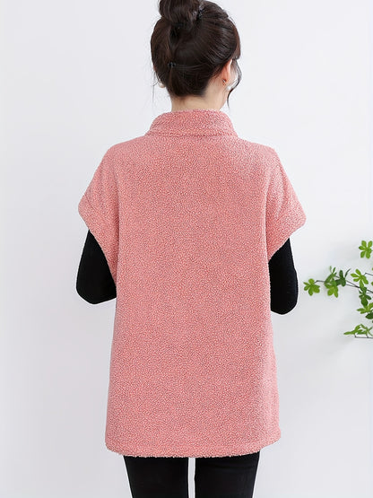 Womens Chic Button Front Teddy Vest - Lightweight Fleece, Short Sleeve, Solid Colors - Perfect for Layering, Stylish & Versatile Wardrobe Staple