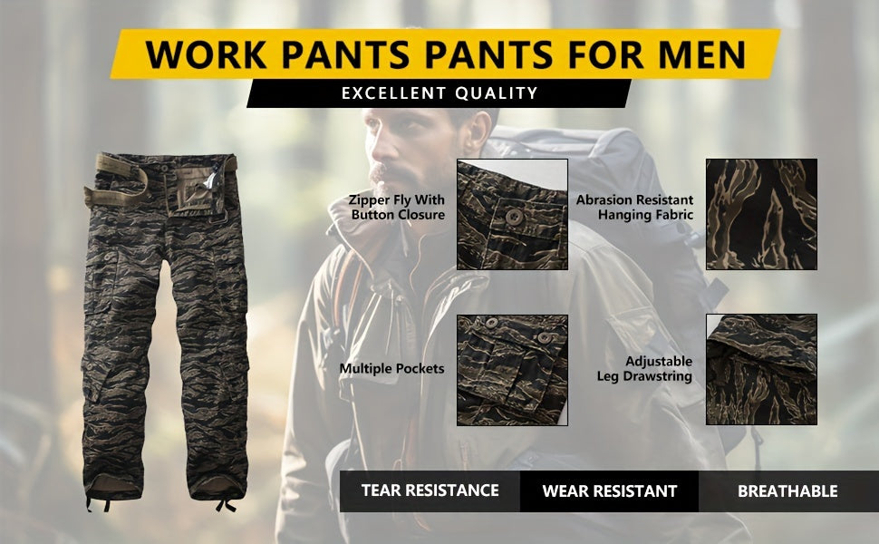 Trendy Mens Tiger Camo Cargo Pants - Bold Print, Multiple Pockets, Loose Fit, Durable Cotton Blend, Perfect for Outdoor Adventures & Street Style