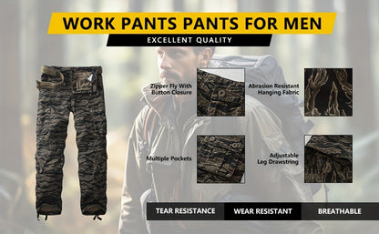 Trendy Mens Tiger Camo Cargo Pants - Bold Print, Multiple Pockets, Loose Fit, Durable Cotton Blend, Perfect for Outdoor Adventures & Street Style
