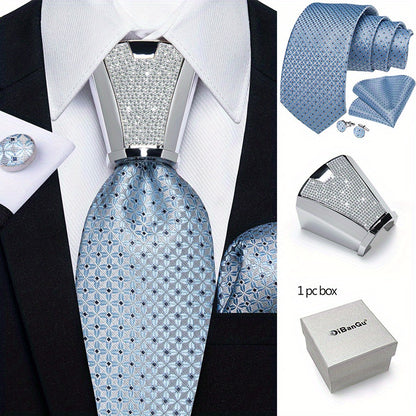 [For Business Silvery Necktie Set] Men's Necktie Silvery Ring & Handkerchief & Cufflinks Set For Business Accessories With Gift Box