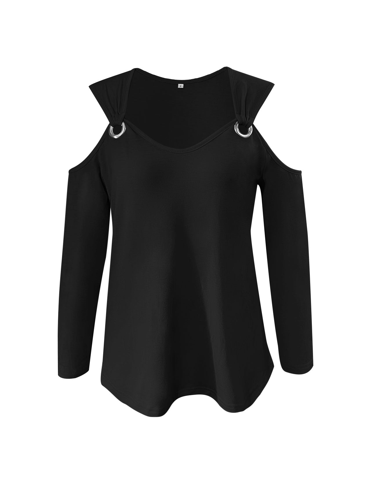 Solid Ring Detail Crew Neck T-Shirt, Casual Cold Shoulder Long Sleeve Top For Spring & Fall, Women's Clothing