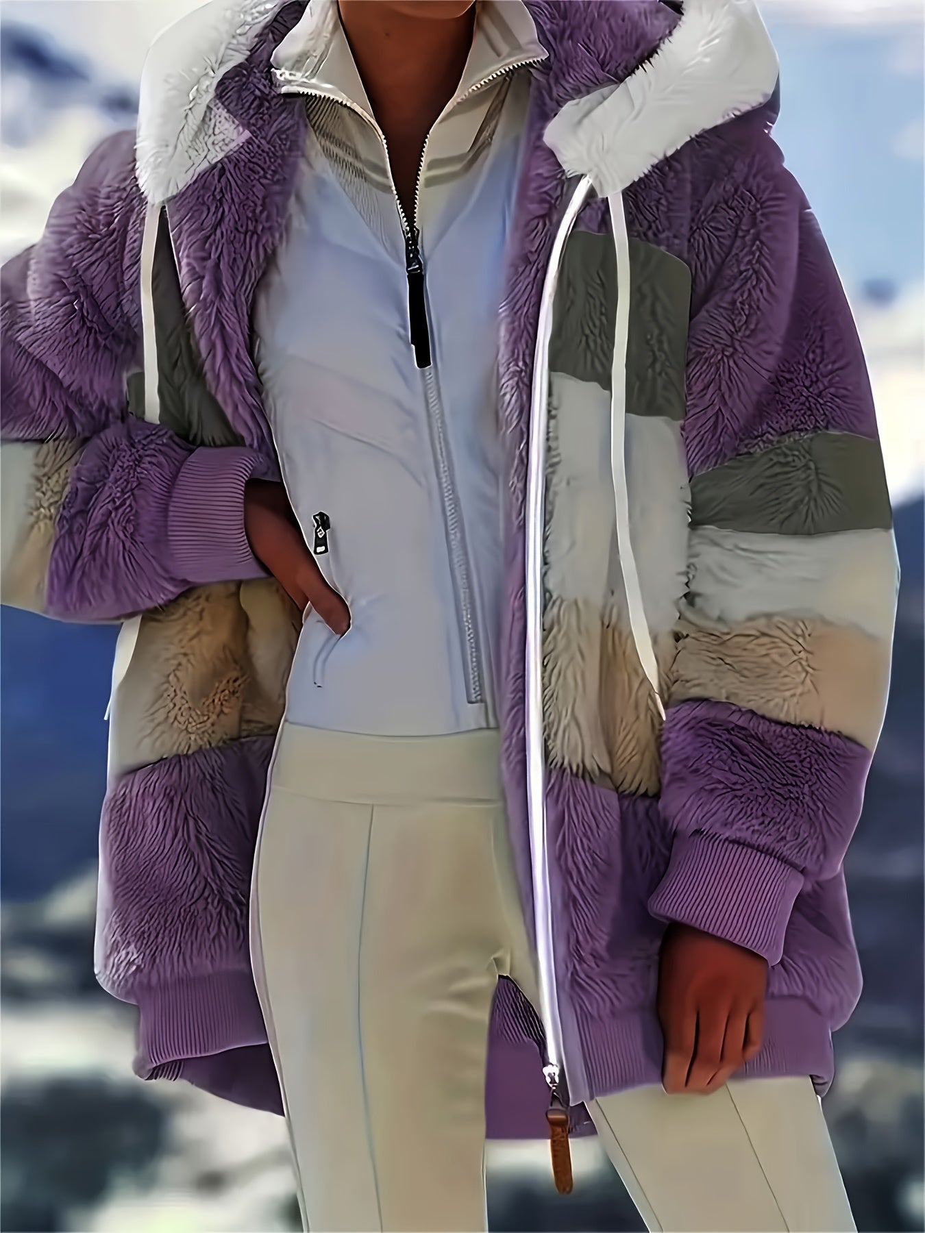 Ultra-Soft Color Block Fuzzy Hooded Coat - Stylish Winter Warm Outerwear with Full-Length Sleeves - Perfect for Casual Wear - Womens Clothing