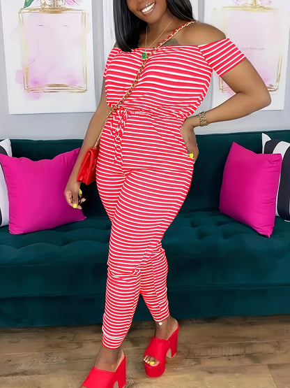 Striped Off Shoulder Drawstring Jumpsuit, Casual Short Sleeve Slim Jumpsuit For Spring & Summer, Women's Clothing