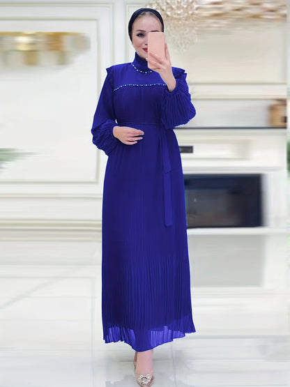 Elegant Pleated Maxi Dress for Women - Solid Color, Belted Waist, Long Sleeve, Machine Washable - Perfect for Ramadan & Casual Attire