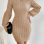 Solid Lantern Sleeve Sweater Dress, Elegant Slim Bodycon Turtleneck Knitted Dress, Women's Clothing