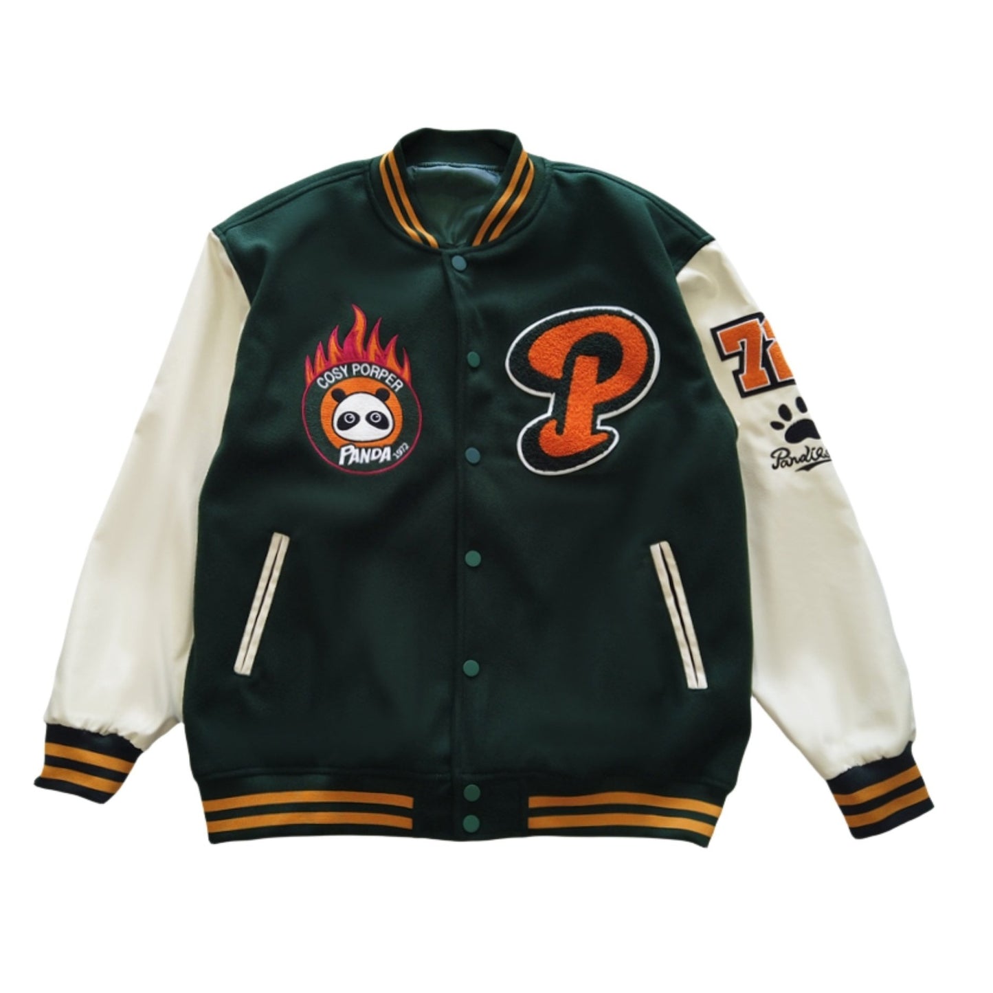 Mens Panda Embroidered Varsity Jacket - Stylish Color Block, Button Up for Spring/Fall - Handcrafted Design, Perfect for School or Casual Wear