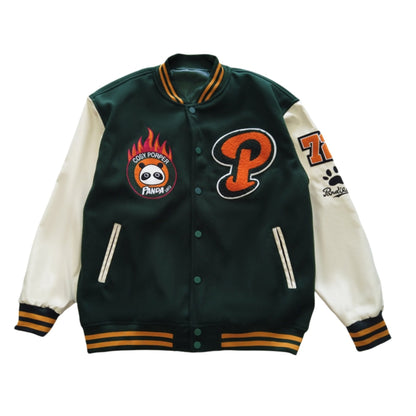 Mens Panda Embroidered Varsity Jacket - Stylish Color Block, Button Up for Spring/Fall - Handcrafted Design, Perfect for School or Casual Wear