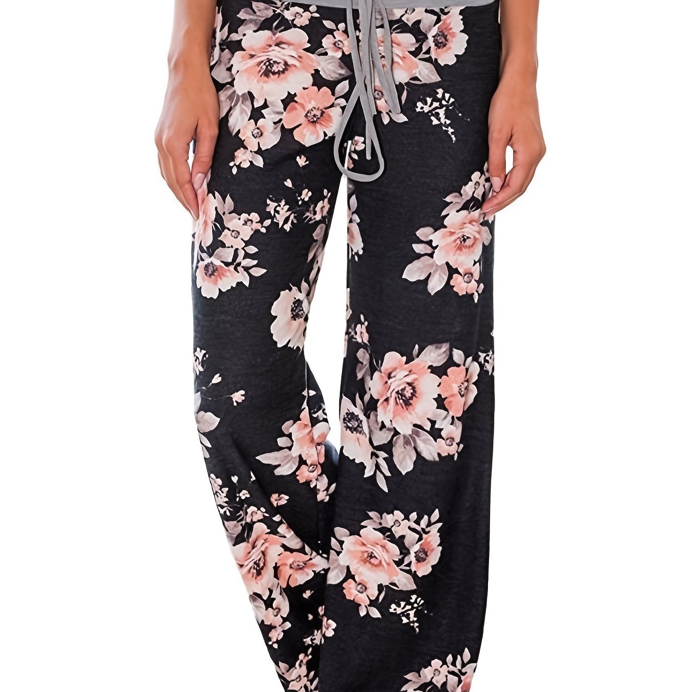 Plus Size Floral Print High Rise Drawstring Long Pants, Women's Plus Slight Stretch Loose Casual Pants