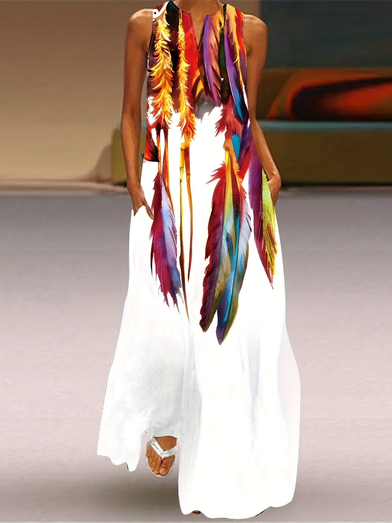 [Polyester Swing Dress] Polyester V-Neck Women's Casual Swing Dress with Pocket - All-Season A-Line Dress with Printed Detail, 95% Polyester 5% Spandex Woven Fabric