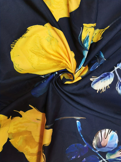 Plus Size Elegant Skirt, Women's Plus Floral Print Elastic High Rise Slight Stretch A-line Maxi Skirt