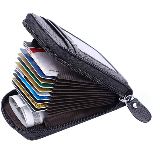 Genuine Leather RFID Blocking Credit Card Wallet for Men with Zipper