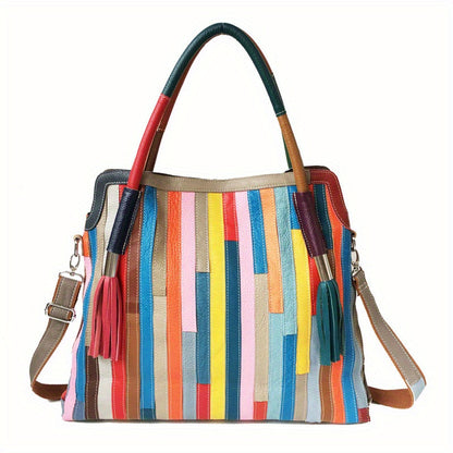 Retro 3D Flower Embroidery Tote Bag, Women's Colorblock Patchwork Purse, Large Capacity Genuine Leather Crossbody Bag