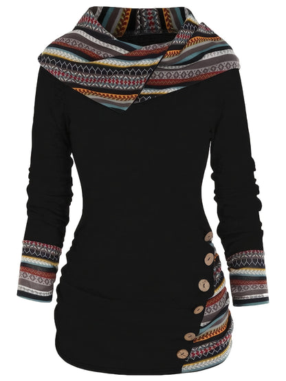 Trendy Womens Stripe Hoodie with Button Accent - Casual Long Sleeve Splicing Design - Comfortable & Stylish Fashion Clothing