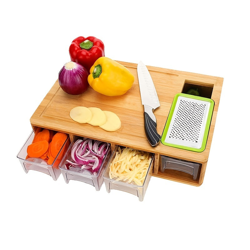 1pc, Bamboo Cutting Board With Drawer Tray, Bamboo Cutting Board With Sliding Out Tray, Chopping Board, Fruit Cutting Board, Kitchen Utensils, Apartment Essentials