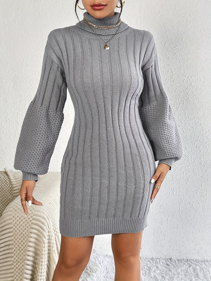 Solid Lantern Sleeve Sweater Dress, Elegant Slim Bodycon Turtleneck Knitted Dress, Women's Clothing