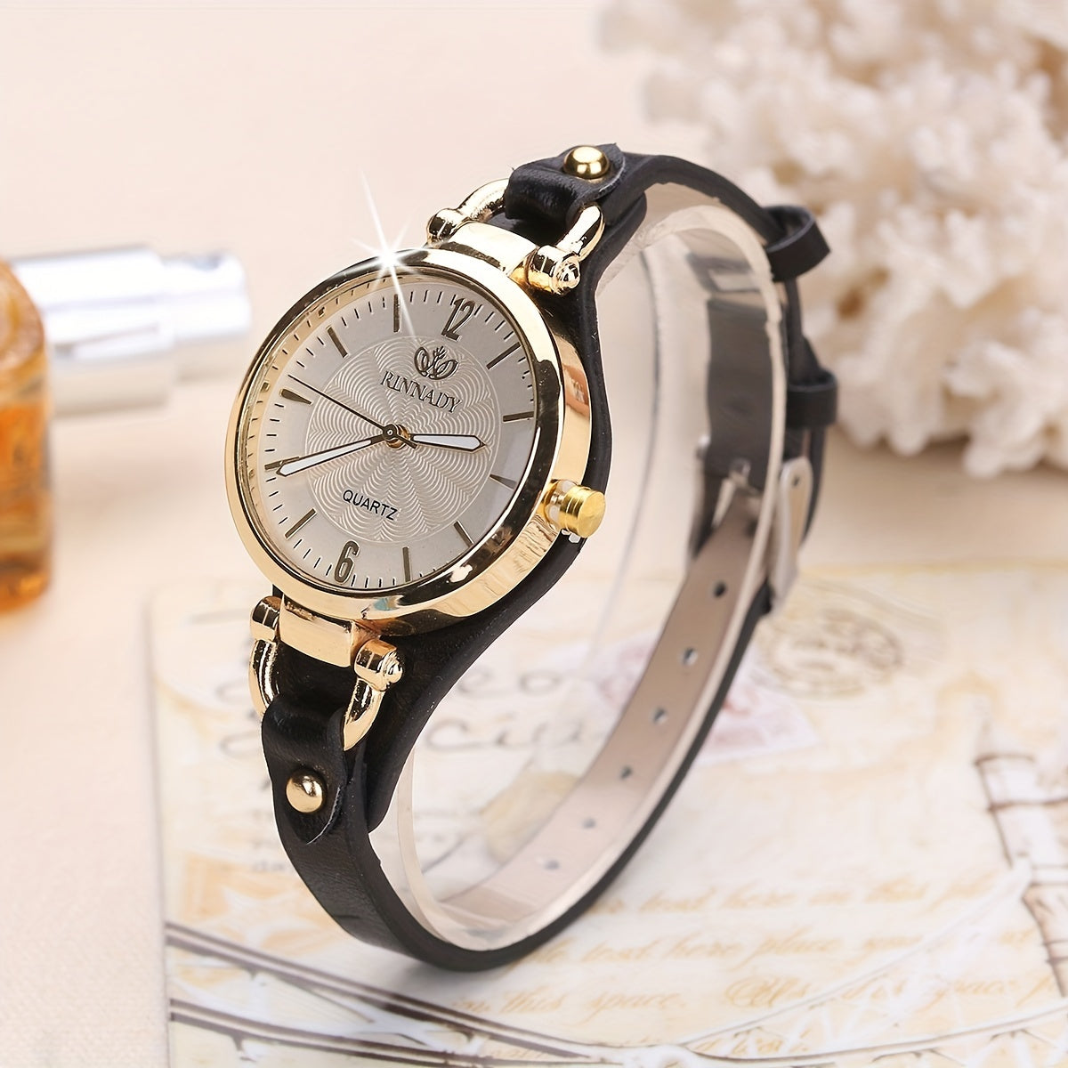 Elegant Quartz Ladies Watch - Boho Chic Leather Strap, Japanese Movement, Shock-Resistant with Stud Embellishments